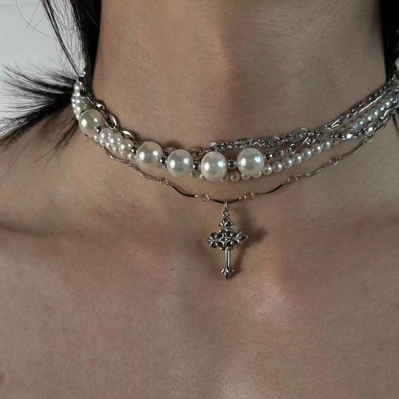 Original Design Disordered Pearl Cross Love Titanium Steel Necklace Heavy Industry Multi-Layer Pearl All-Match Jewelry - Image 5